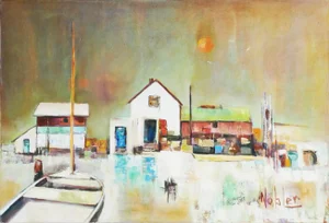 1970s Modern Abstract Cubist Inspired Landscape Painting of an Oceanside Boat Dock By