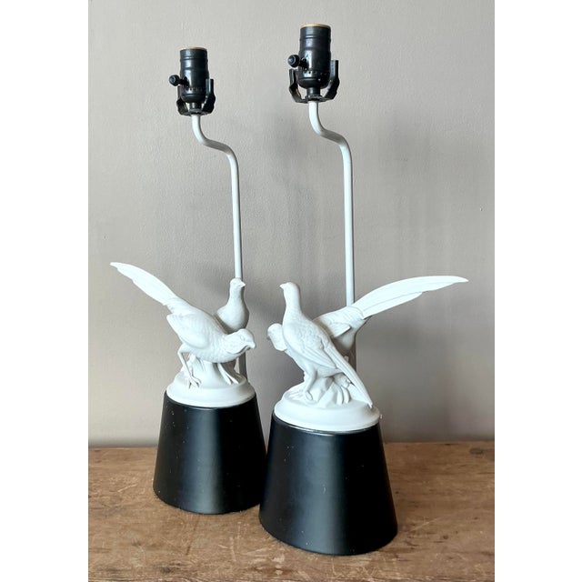 Mid-Century Modern Vintage Regency Bisque Porcelain Bird Lamps - A Pair For Sale - Image 3 of 7
