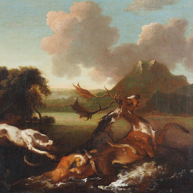 A Dutch Golden Age stag hunt in oil on canvas, circa 1660-80, attributed to Abraham Hondius and initialed "AH" lower left....