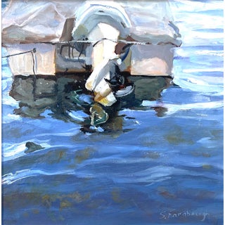 Merc Power by Sheri Farabaugh | Oil on Hardboard Painting of a boat docked on water. For Sale