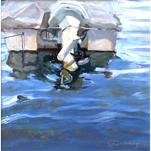 Merc Power by Sheri Farabaugh | Oil on Hardboard Painting of a boat docked on water. For Sale