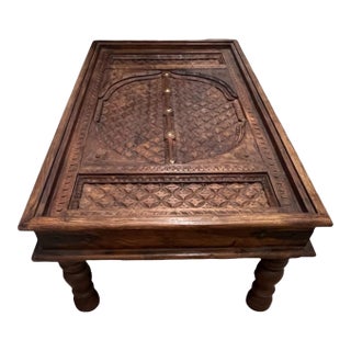 Vintage Indian Hand-Carved Door Coffee Table With Iron Hardware and Brass Studs For Sale