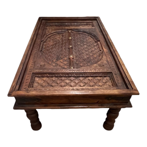 Vintage Indian Hand-Carved Door Coffee Table With Iron Hardware and Brass Studs