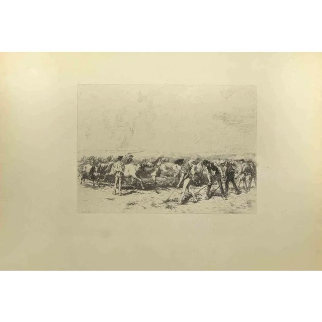 The Framers is an original etching realized by Eugène Burnand (1850-1921) in the Late 19th century. Signed on the plate....