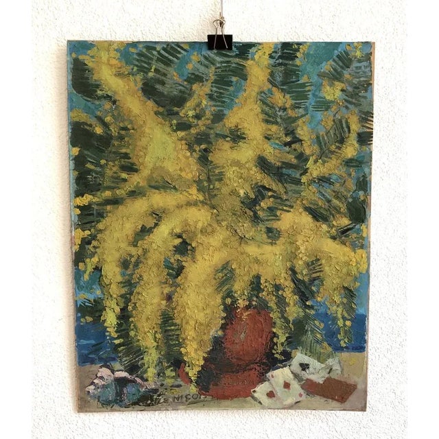 Percival Pernet, Bouquet de mimosa et jeux de carte, bouquet niçois, Oil on Paper on Cardboard For Sale - Image 8 of 8