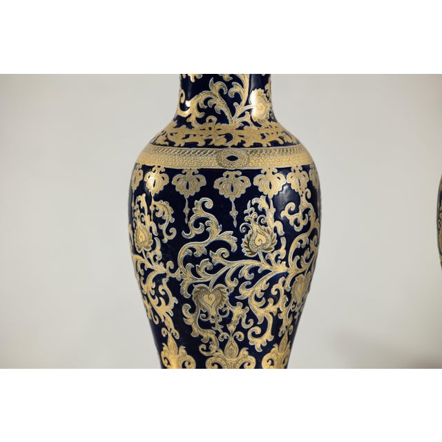 Pair of Sèvres-Inspired Cobalt Blue and Gold Porcelain Vases, Scrolling Foliage For Sale - Image 9 of 12