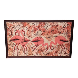 Vintage Framed Flamingo Batik Cloth For Sale