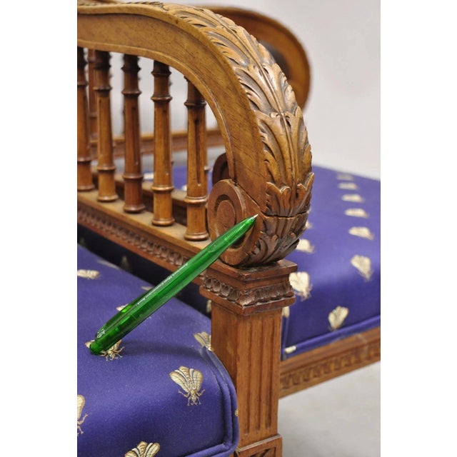 Blue Antique French Louis XVI Style Carved Walnut Lyre Harp Corner Lounge Chair Pair For Sale - Image 8 of 12