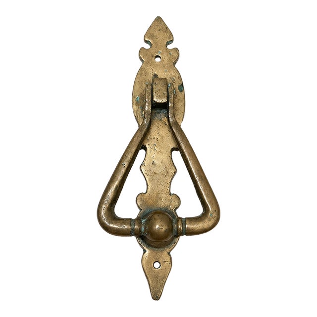 Antique Solid Brass Door Knocker, English Style Triangular Ring With Decorative Backplate, 8.38” For Sale