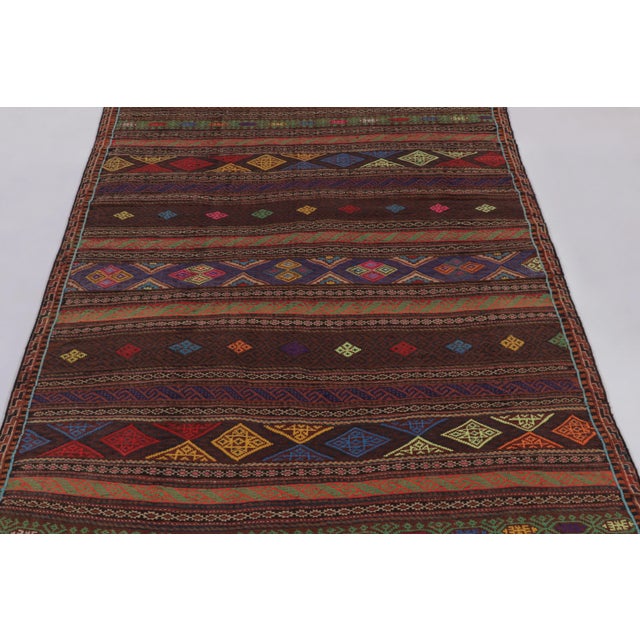 Tribal Vintage Persian Soumak Kilim, Vibrant Diamonds on Rich Brown Tones - Rug & Kilim For Sale - Image 3 of 7