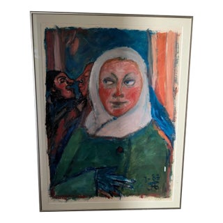 Watercolor Portrait of Lady With Scarf; Mid 20th Century For Sale
