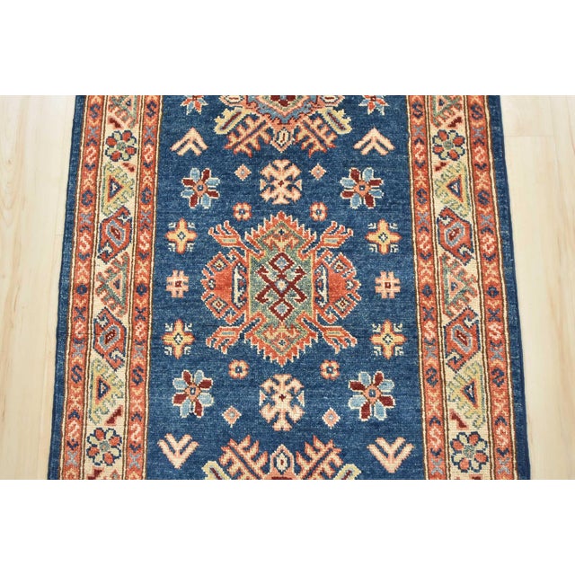 Kazak Runner 2’7” X 7’8” Blue Wool Tribal Hand-Knotted Oriental Rug For Sale In Philadelphia - Image 6 of 14