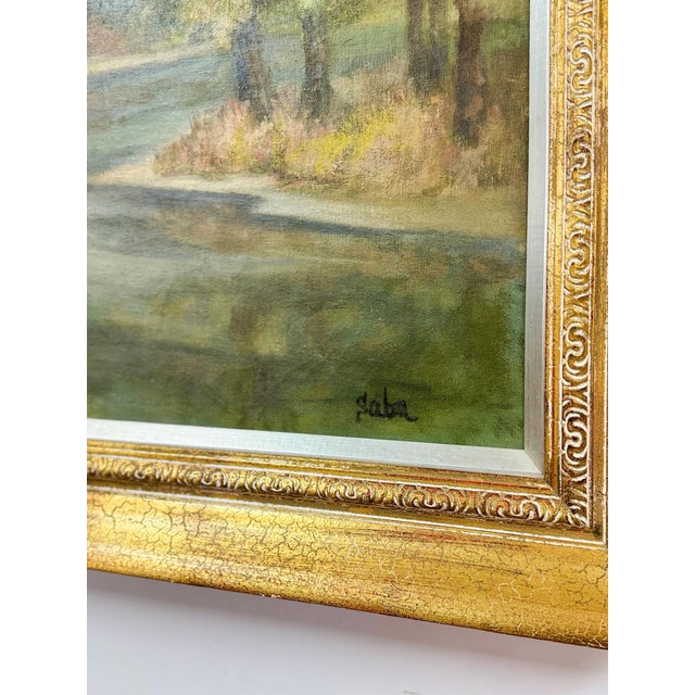 Green Vintage Oil Painting Landscape Father Son Fishing River Impressionist on Canvas For Sale - Image 8 of 15