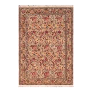 Shabby Chic Floral 1990's Pak-Persian Taupe/Gold Wool Rug - 5'11'' X 9'1'' For Sale