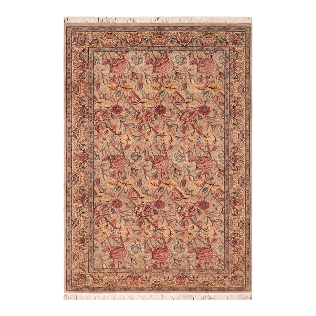Shabby Chic Floral 1990's Pak-Persian Taupe/Gold Wool Rug - 5'11'' X 9'1'' For Sale