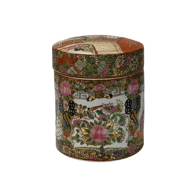 This exquisite vintage cylindrical porcelain jar and cover features intricate, hand-painted polychrome enamel decoration...