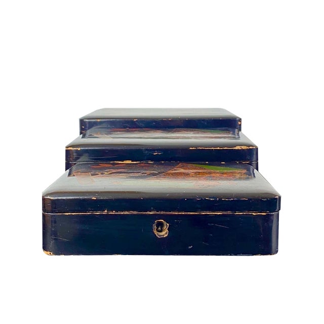 Three Black Japanese Lacquer Nesting Boxes with Two Keys, 1880, Set of 3 For Sale