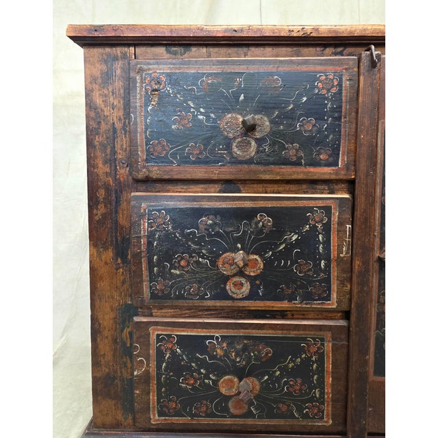 Antique Romanian Folk Painted Pine Cupboard With Drawers and a Door For Sale In Denver - Image 6 of 14