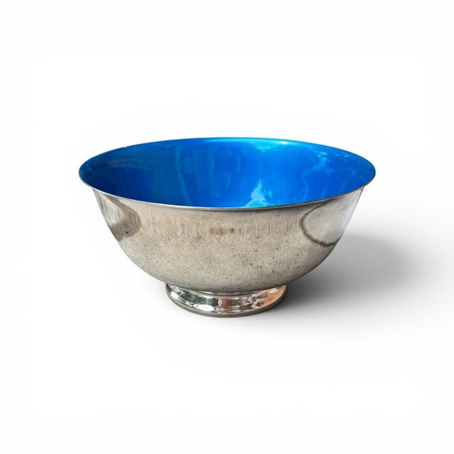 Hollywood Regency Vintage Reed & Barton Silver Plate and Blue Enamel Revere Bowl — 8” For Sale - Image 3 of 7