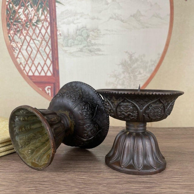 Late 20th Century Pair of Bronze Lotus Candlesticks – 3.1" Eight Treasures Altar Candle Holders For Sale - Image 5 of 11
