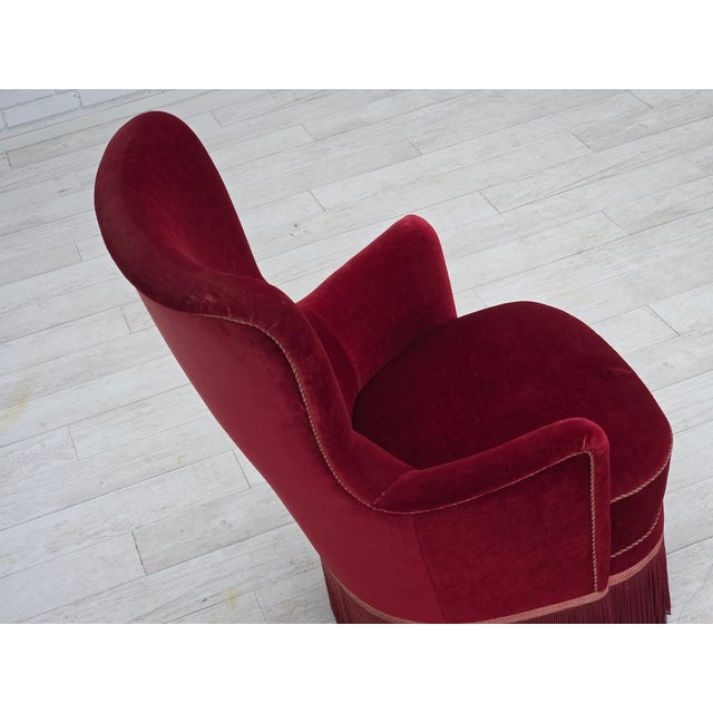Danish Armchair in Cherry-Red Velour with Ash Legs, 1970s For Sale - Image 13 of 17