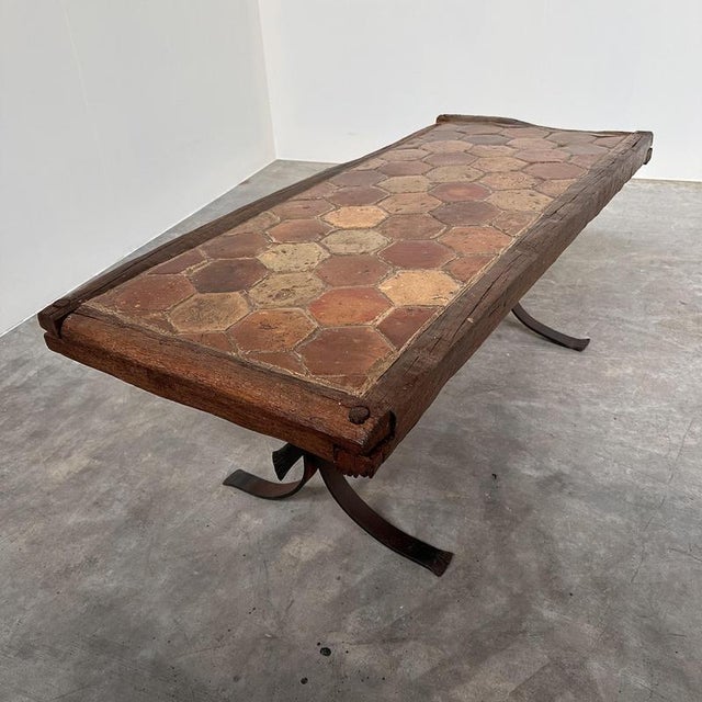 Brown Vintage French Terracotta Tile Coffee Table with Oak and Iron Base, France For Sale - Image 8 of 12