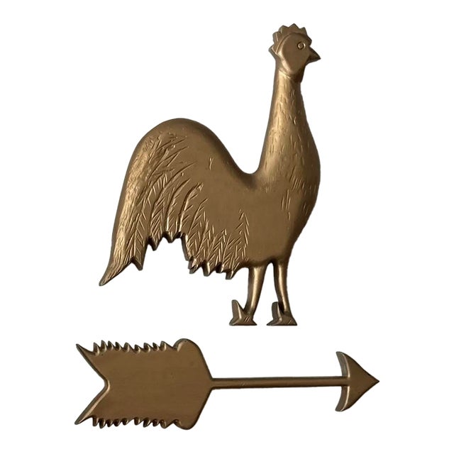 1967 Hand Carved Gilt Wooden Folk Art Chicken & Arrow Wall Hanging For Sale