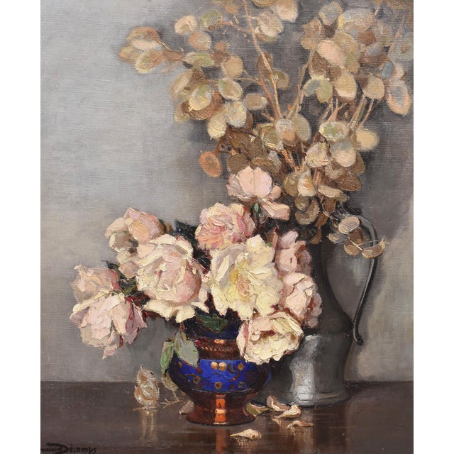 Maurice Alfred Decamps, Art Deco Still Life with Vase of White Roses, 1920s-1940s, Oil on Canvas For Sale - Image 3 of 11