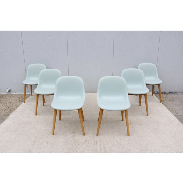 Mid-Century Modern Danish Iskos-Berlin for Muuto Blue Leather Fiber Side Chairs Wood Base, Set of 6 For Sale - Image 3 of 18