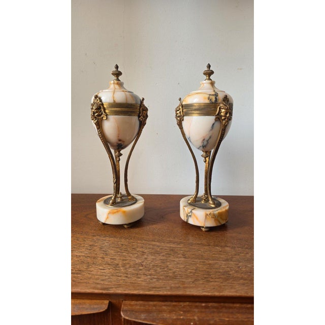 Pair Antique French Marble & Bronze Urns Neoclassical Cassolettes Empire Garniture Mantel Decor Lidded Decorative Urns For Sale - Image 11 of 14