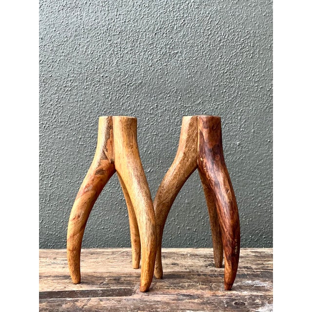 Vintage Carved Wood and Brass Antler Candlesticks - A Pair For Sale - Image 4 of 12
