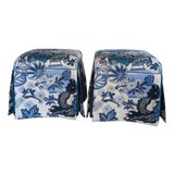 Schumacher Chiang Mai Dragon Skirted Ottomans in China Blue - Pair For Sale