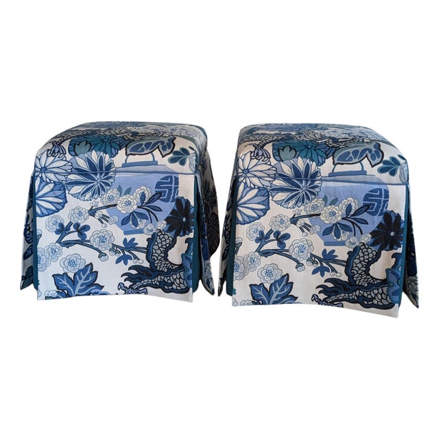 Schumacher Chiang Mai Dragon Skirted Ottomans in China Blue - Pair For Sale