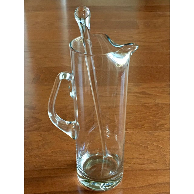 Clear Glass Hand Blown Tall Martini Pitcher & 14" Glass Rod Stirrer Vtg