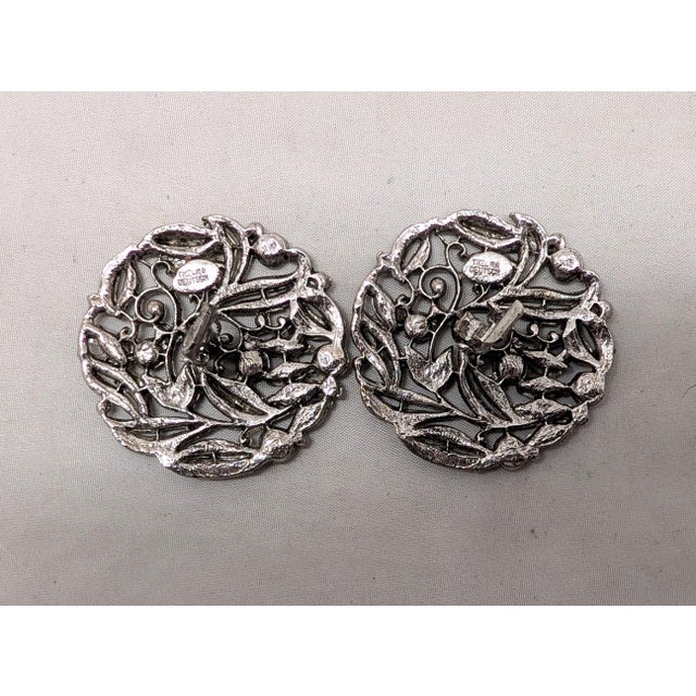 Metal Vintage 1980s Signed Thelma Deutsch Large Round Silvertone Pastel Rhinestone Clip Earrings-2 Pieces For Sale - Image 7 of 7