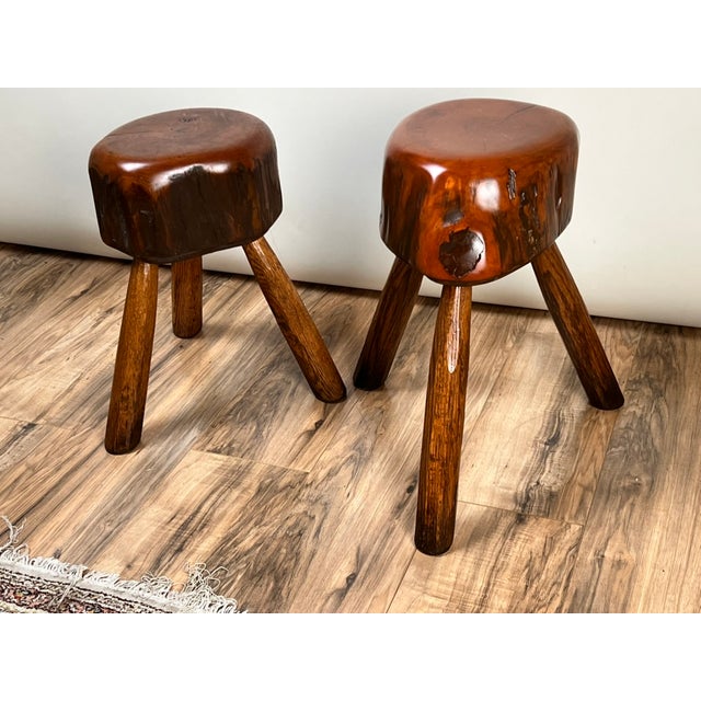 Pair Vintage Live Edge Wabi Sabi Cherry Stools Signed Neil Panyik For Sale In Boston - Image 6 of 9