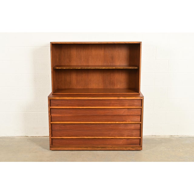 Mid-Century Modern Robsjohn-Gibbings for Widdicomb Mid-Century Modern Sculpted Walnut Chest of Drawers With Bookcase Hutch Top, 1950s For Sale - Image 3 of 14