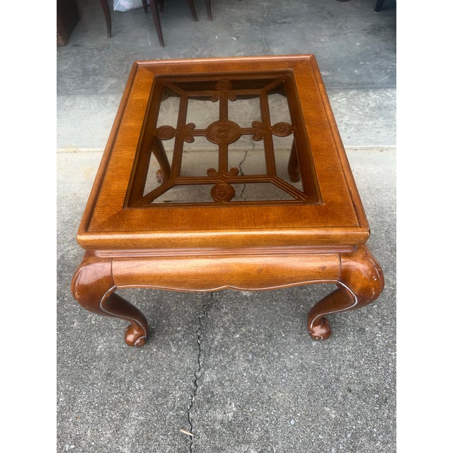 Brown Vintage Chinoiserie Carved Wood End Table With Glass Inset For Sale - Image 8 of 10