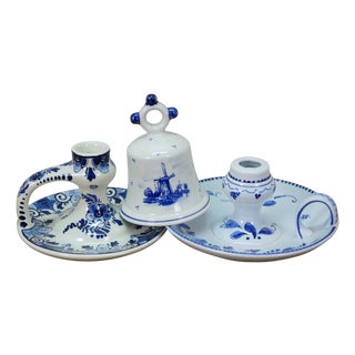 Dutch Delft Blue Floral Chamberstick Candle Holders & Windmill Butler Service Bell For Sale