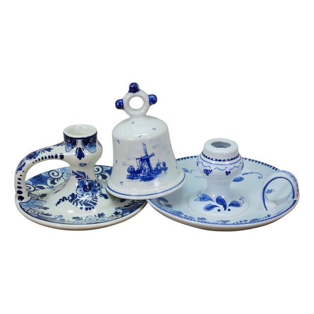 Dutch Delft Blue Floral Chamberstick Candle Holders & Windmill Butler Service Bell For Sale