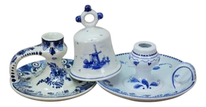 Dutch Delft Blue Floral Chamberstick Candle Holders & Windmill Butler Service Bell
