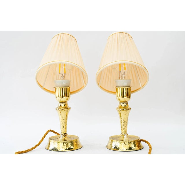 Metal Art Deco Hammered Brass Table Lamps with Fabric Shades, Vienna, Austria, 1920s, Set of 2 For Sale - Image 7 of 18