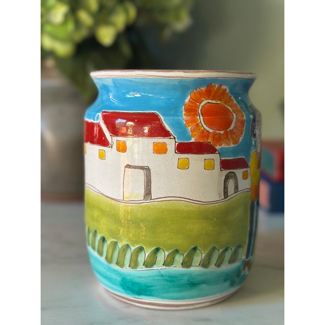 Mid-Century Modern MCM Giovanni DeSimone for Vietri "Osteria" Hand-Painted Ceramic Vase/ Cachepot For Sale - Image 3 of 9