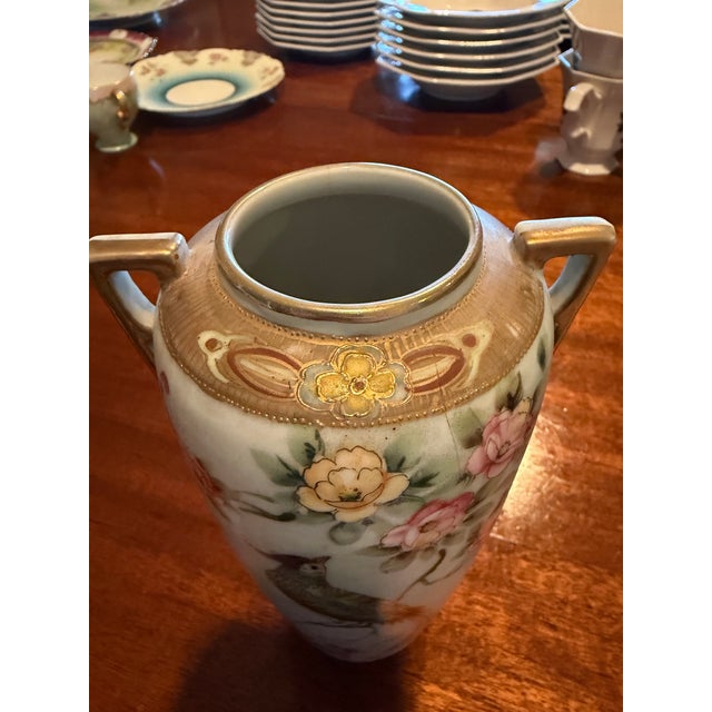 Antique, Hand-Painted Japanese Nippon Vase. Beautiful Bird and Flower With Two Gilded Handles. Early 1900s. Marimura Bros. For Sale - Image 4 of 8