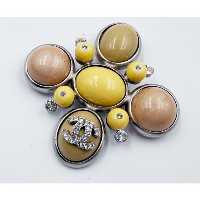 Chanel Silver CC Crystal Cream Yellow Peach Stone Cross Large Pendant Brooch *Marked 04 *Made in France -It's...