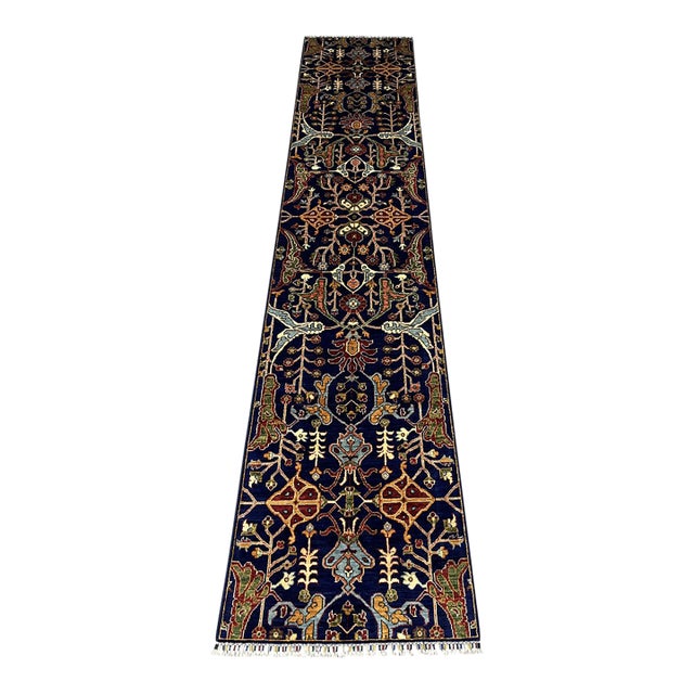 Blue Afghan Sultani Natural Dye Wool Runner Rug, Persian Bijar Design, 2′9″ × 13′2″ For Sale