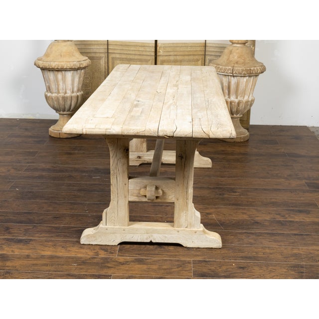 Rustic English 19th Century Natural Wood Farm Table with Trestle Base For Sale - Image 11 of 11