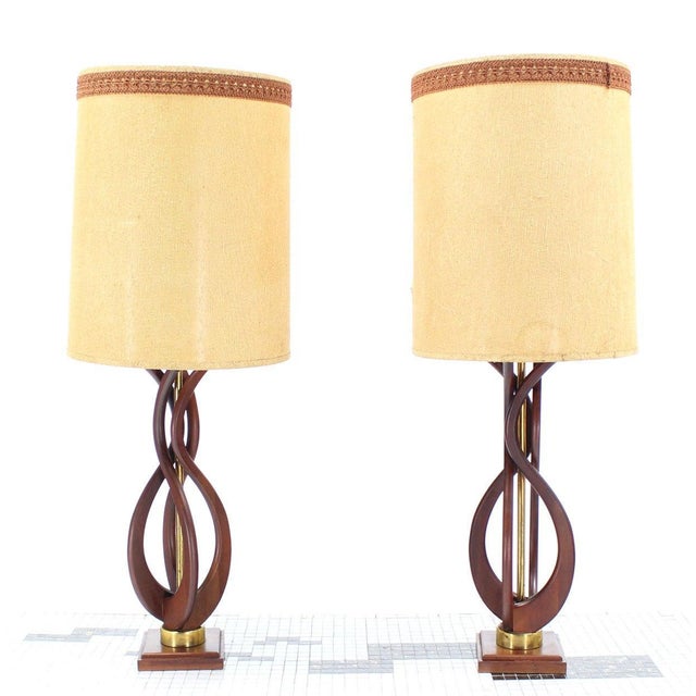 Mid-Century Modern Pair of Mid Century Modern Sculptural Flame Motive Oiled Walnut Table Lamps MINT For Sale - Image 3 of 7