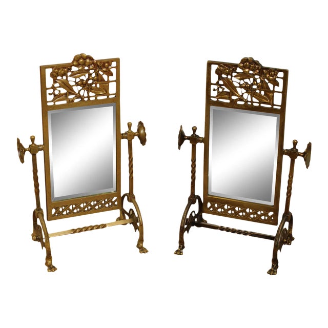 Aesthetic Movement Antique 1880's Victorian Brass Cheval Beveled Vanity Mirrors - a Pair For Sale