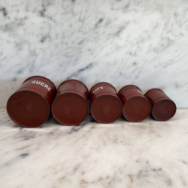 Set of Five French Reddish Brown Enamel Kitchen Canisters With Original Lids For Sale - Image 13 of 18